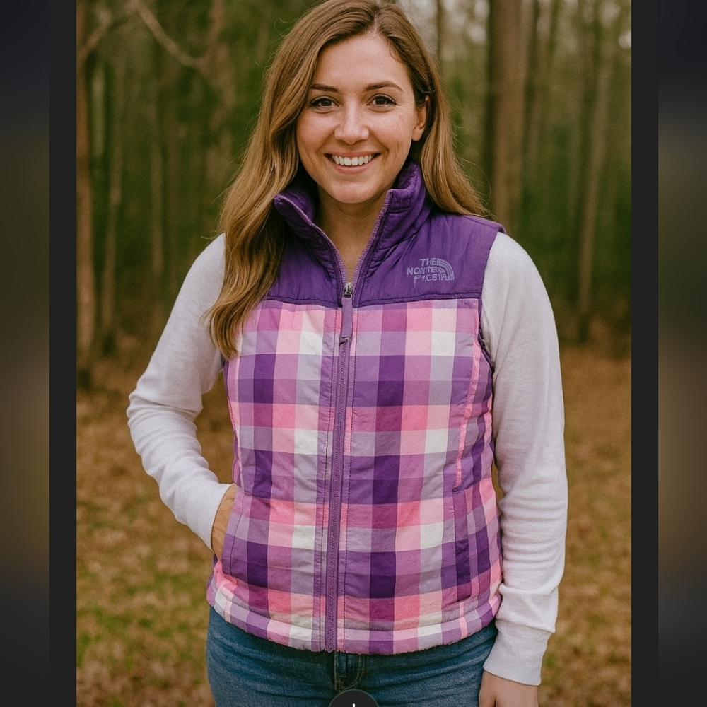 The North Face Plaid Quilted Puff Vest in Purple / Pink